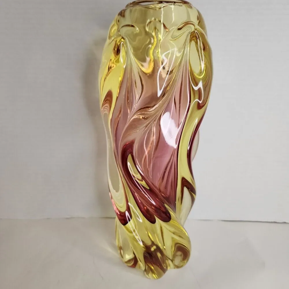Vintage Hand Made Bohemia Glass Czech Republic Twisted Glass Vase Amber/Pink